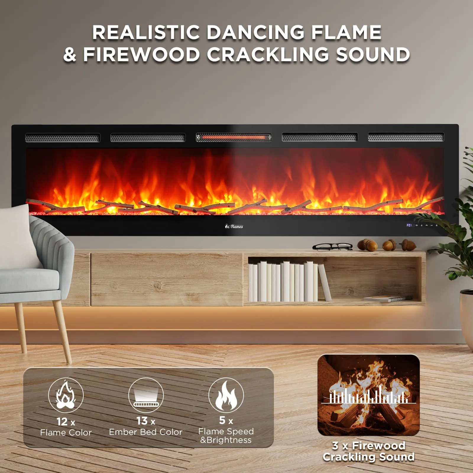 In Flames INF88W-3D WiFi Smart Wall Mounted Electric Fireplace - Tempered Glass