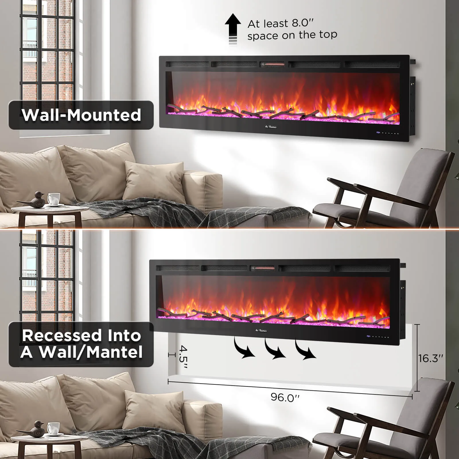 In Flames INF98W-3D WiFi Smart Wall Mounted Electric Fireplace - Tempered Glass