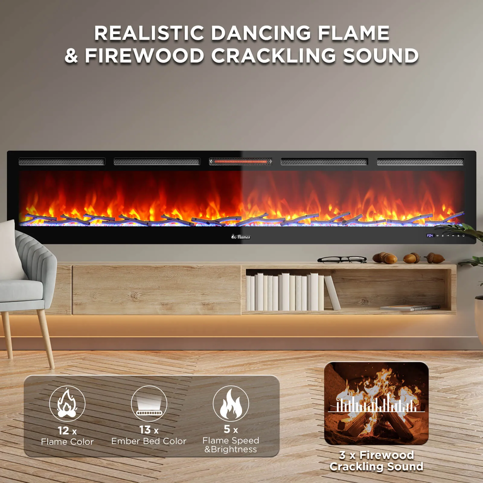 In Flames INF98W-3D WiFi Smart Wall Mounted Electric Fireplace - Tempered Glass