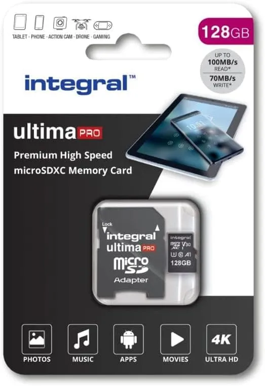 Integral 128GB Micro SD Card 4K Video Premium High Speed Memory Card SDXC Up to 100MB s Read and 50MB s Write speed V30 C10 U3 UHS-I A1