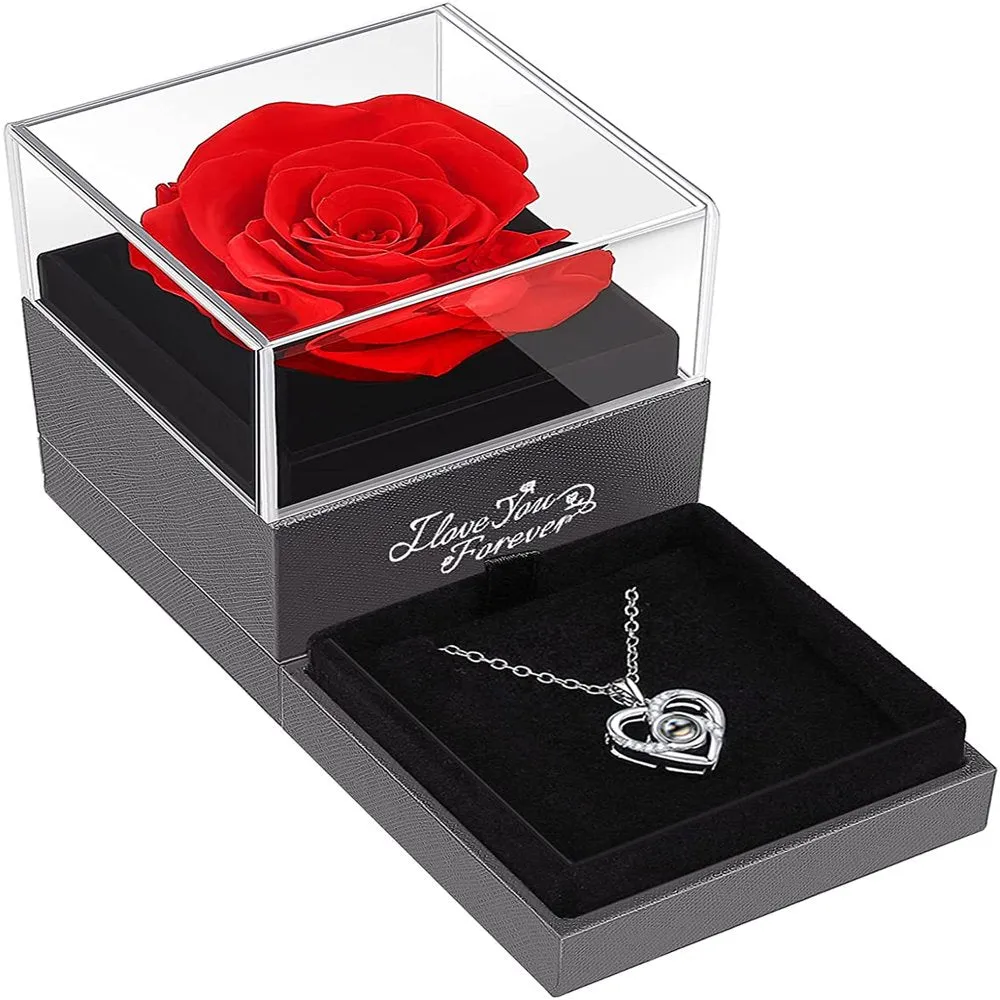 Preserved Red Real Rose with I Love You Necklace in 100 Languages, Eternal Flowers Mothers Day Rose Gifts for Mom Wife Girlfriend