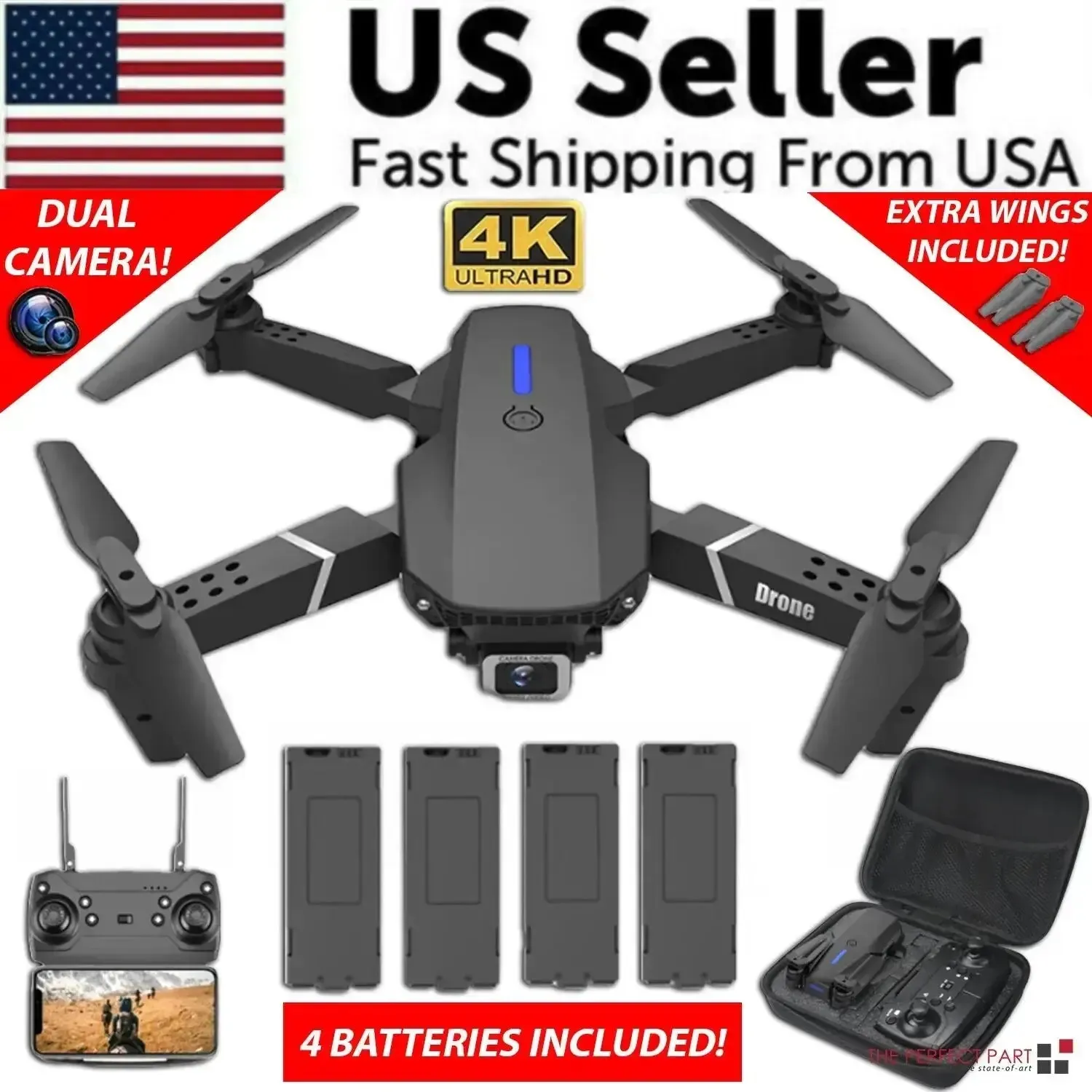 RC Drone With 4K HD Dual Camera WiFi FPV Foldable Quadcopter  4 Batteries