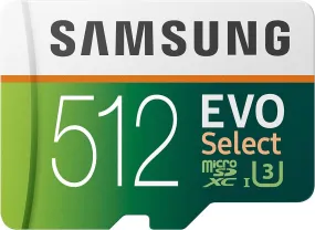 Samsung EVO Select 512GB microSD - 100MB/s Read, 90MB/s Write, Full HD & 4K UHD, with SD Adapter - For Smartphone, Tablet, Action Camera, Drone, and Notebook