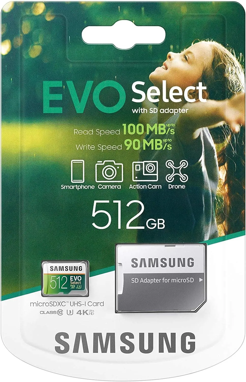 Samsung EVO Select 512GB microSD - 100MB/s Read, 90MB/s Write, Full HD & 4K UHD, with SD Adapter - For Smartphone, Tablet, Action Camera, Drone, and Notebook