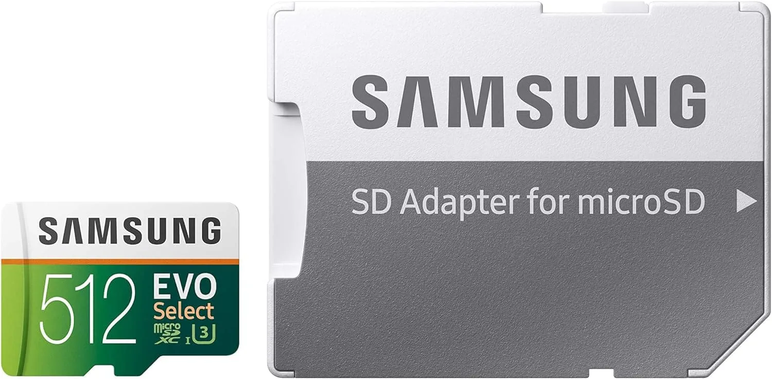 Samsung EVO Select 512GB microSD - 100MB/s Read, 90MB/s Write, Full HD & 4K UHD, with SD Adapter - For Smartphone, Tablet, Action Camera, Drone, and Notebook