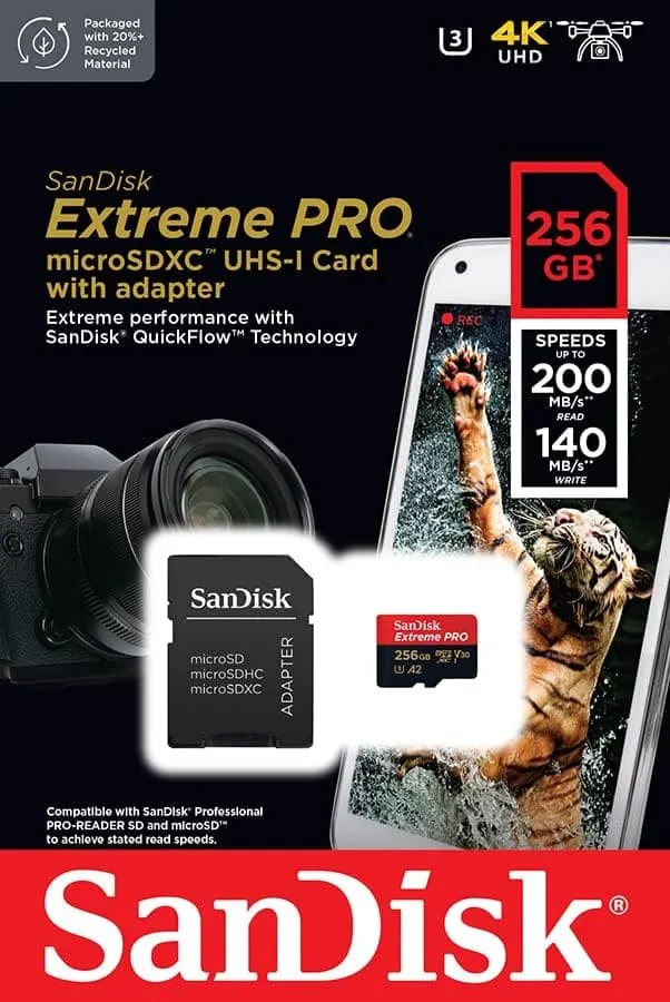 SanDisk 256GB Extreme PRO microSDXC Card   SD Adapter, Up to 200MB/s, A2 App Performance, UHS-I, Class 10, U3, V30