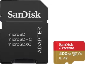 SanDisk Extreme 400 GB microSDXC Memory Card   SD Adapter with A2 App Performance   Rescue Pro Deluxe, Up to 160 MB/s, Class 10, UHS-I, U3, V30, Red/Gold