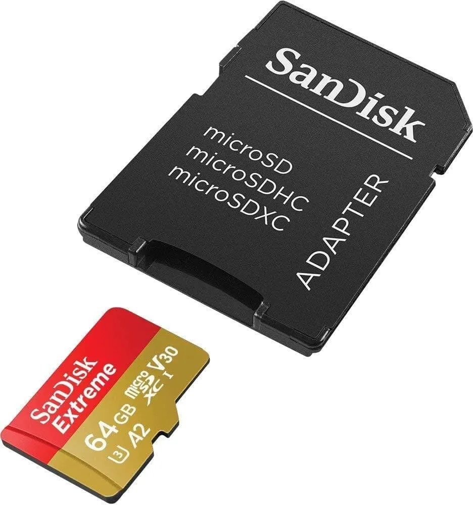 SanDisk Extreme 64 GB microSDXC Memory Card   SD Adapter with A2 App Performance   Rescue Pro Deluxe, Up to 160 MB/s, Class 10, UHS-I, U3, V30, Red/Gold