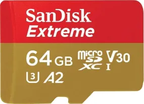 SanDisk Extreme 64 GB microSDXC Memory Card   SD Adapter with A2 App Performance   Rescue Pro Deluxe, Up to 160 MB/s, Class 10, UHS-I, U3, V30, Red/Gold