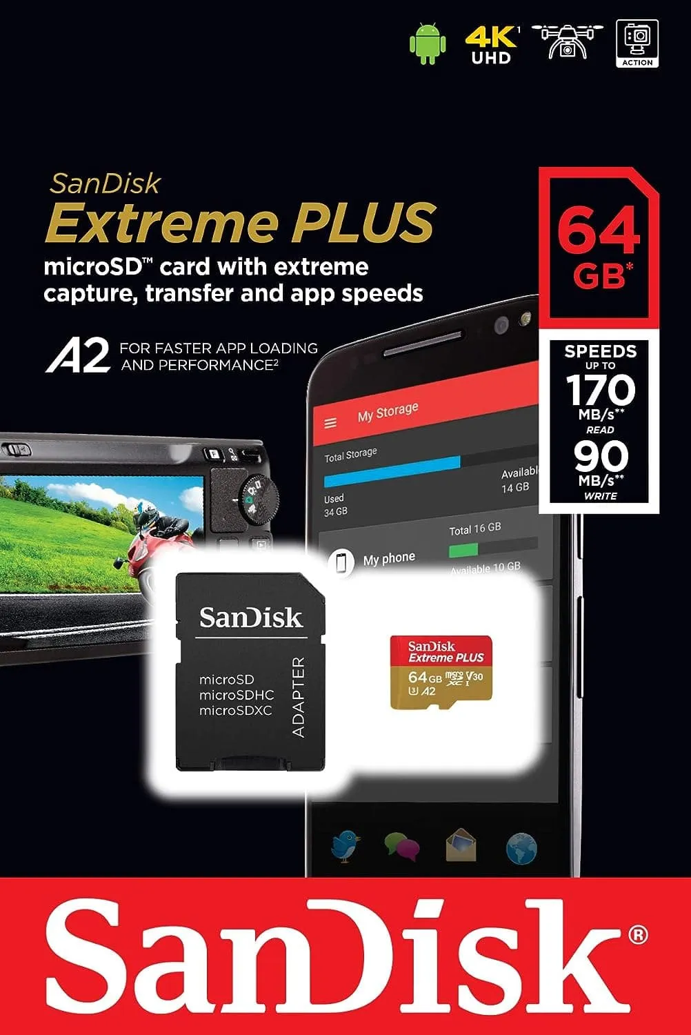 SanDisk Extreme PLUS 64 GB microSDXC Memory Card   SD Adapter with A2 App Performance up to 170 MB/s, Class 10, U3, V30